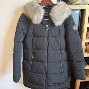 DKNY Charcoal Puffer Coat with Faux Fur Trim